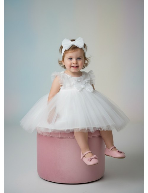 Παιδικό Φόρεμα "White Cloud" με Τούλι & Φιόγκο