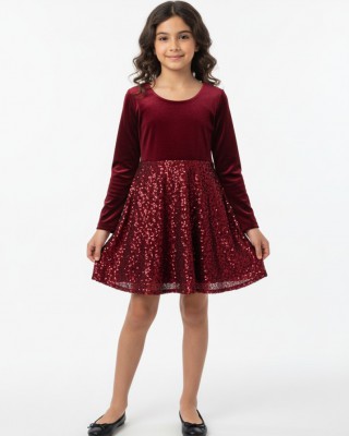 Παιδικό Βελούδινο Φόρεμα "Burgundy Shine" με Παγιέτες & Φιόγκο