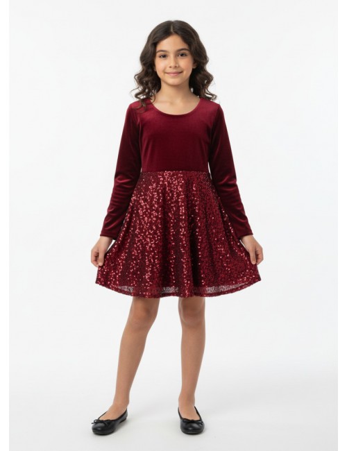 Παιδικό Βελούδινο Φόρεμα "Burgundy Shine" με Παγιέτες & Φιόγκο