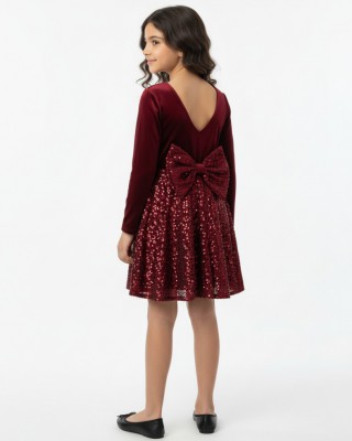 Παιδικό Βελούδινο Φόρεμα "Burgundy Shine" με Παγιέτες & Φιόγκο