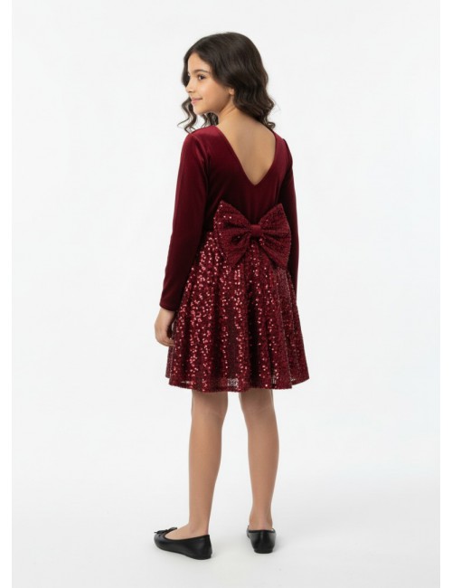 Παιδικό Βελούδινο Φόρεμα "Burgundy Shine" με Παγιέτες & Φιόγκο