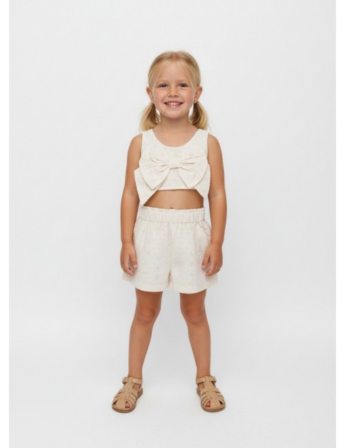 Παιδικό Σετ Σορτς & Crop Top με Μεγάλο Φιόγκο - Broderie Anglaise (Εκρού)