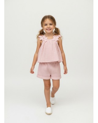 Τοπ με Ανάγλυφα Λουλούδια & Σορτς - Απαλό Ροζ