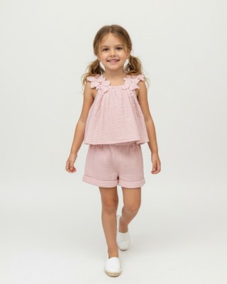 Τοπ με Ανάγλυφα Λουλούδια & Σορτς - Απαλό Ροζ