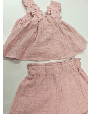 Τοπ με Ανάγλυφα Λουλούδια & Σορτς - Απαλό Ροζ