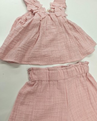 Τοπ με Ανάγλυφα Λουλούδια & Σορτς - Απαλό Ροζ