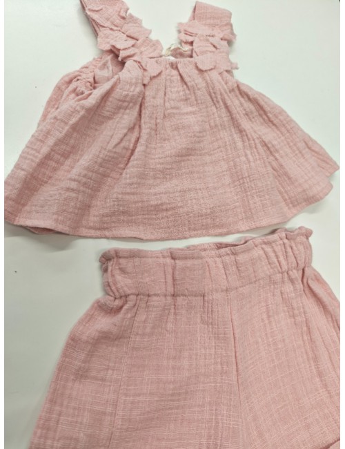 Τοπ με Ανάγλυφα Λουλούδια & Σορτς - Απαλό Ροζ