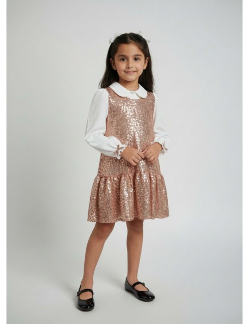 Φόρεμα με Ροζ-Χρυσές Παγιέτες & Λευκό Πουκάμισο