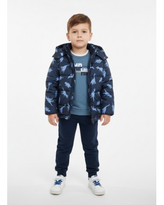 Παιδικό Φουσκωτό Μπουφάν με Print Δεινόσαυρους - Μπλε Σκούρο