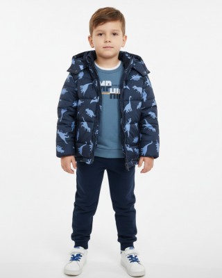 Παιδικό Φουσκωτό Μπουφάν με Print Δεινόσαυρους - Μπλε Σκούρο