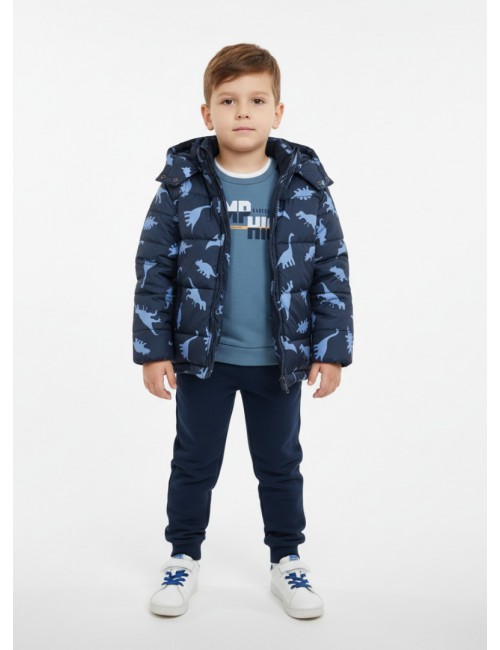 Παιδικό Φουσκωτό Μπουφάν με Print Δεινόσαυρους - Μπλε Σκούρο