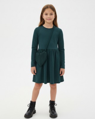 Παιδικό Φόρεμα με Glitter & Τσαντάκι Καρδιά - Σμαραγδί