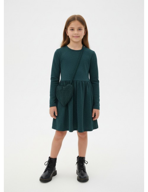 Παιδικό Φόρεμα με Glitter & Τσαντάκι Καρδιά - Σμαραγδί