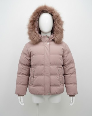 Παιδικό Χειμωνιάτικο Μπουφάν Puffer με Κουκούλα & Γούνα - Σάπιο Μήλο