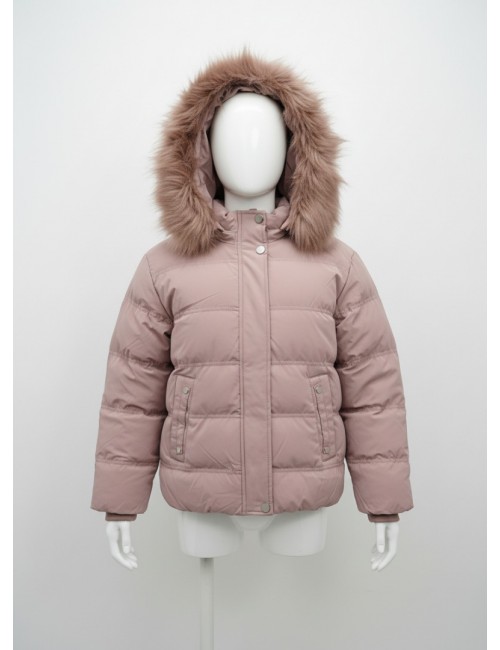 Παιδικό Χειμωνιάτικο Μπουφάν Puffer με Κουκούλα & Γούνα - Σάπιο Μήλο